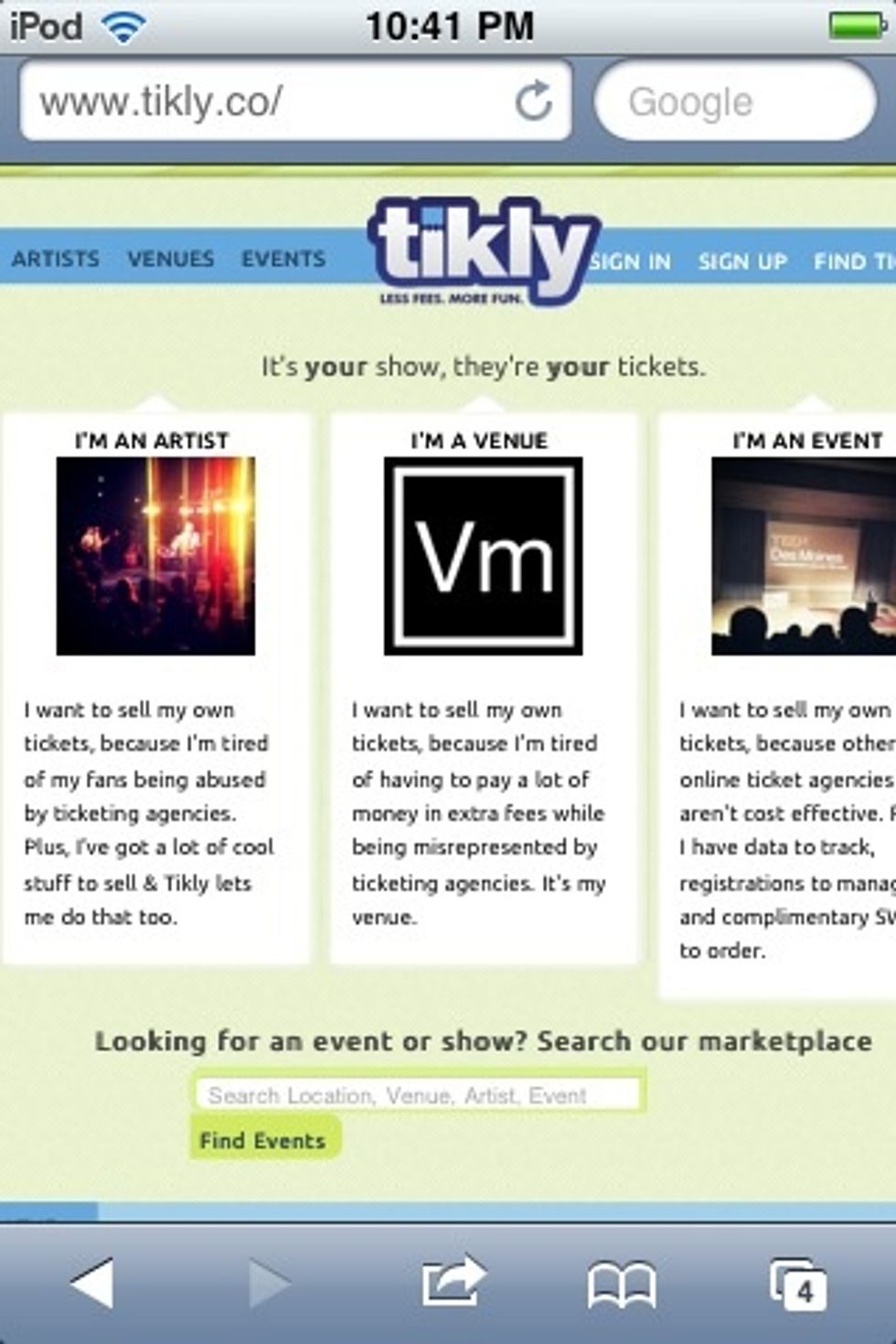 ...neato!! Now fans can also find your event via the Tikly main page! Note that offline events are still discoverable in the marketplace-- tickets just won't be available.