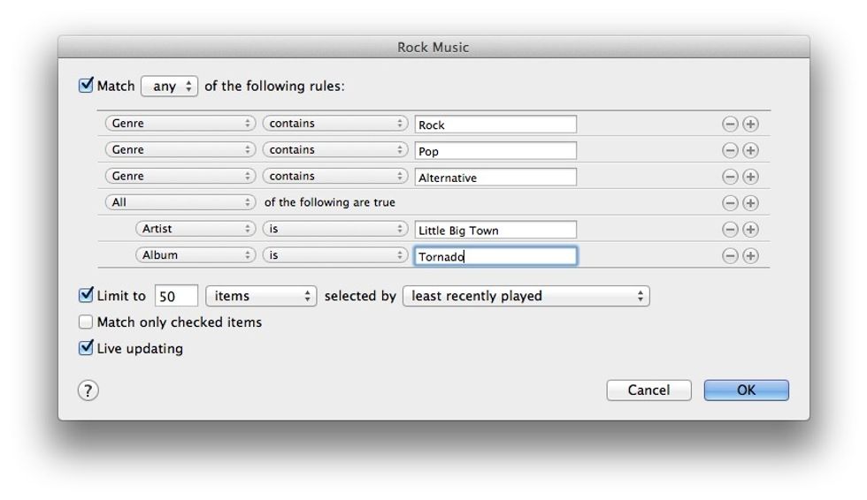 Nest criteria for incredibly powerful playlists. Notice the "Any" at the top and the "All" in the 4th line. This determines how the rules are applied. (Tap image for full view.)