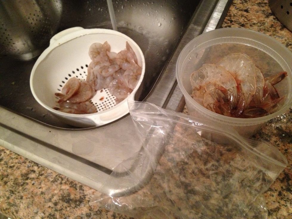 NEVER throw away your shrimp shells!! Save them in a container or ziplock bag in the freezer! You can use them later to make and awesome shrimp broth or shrimp bisque!