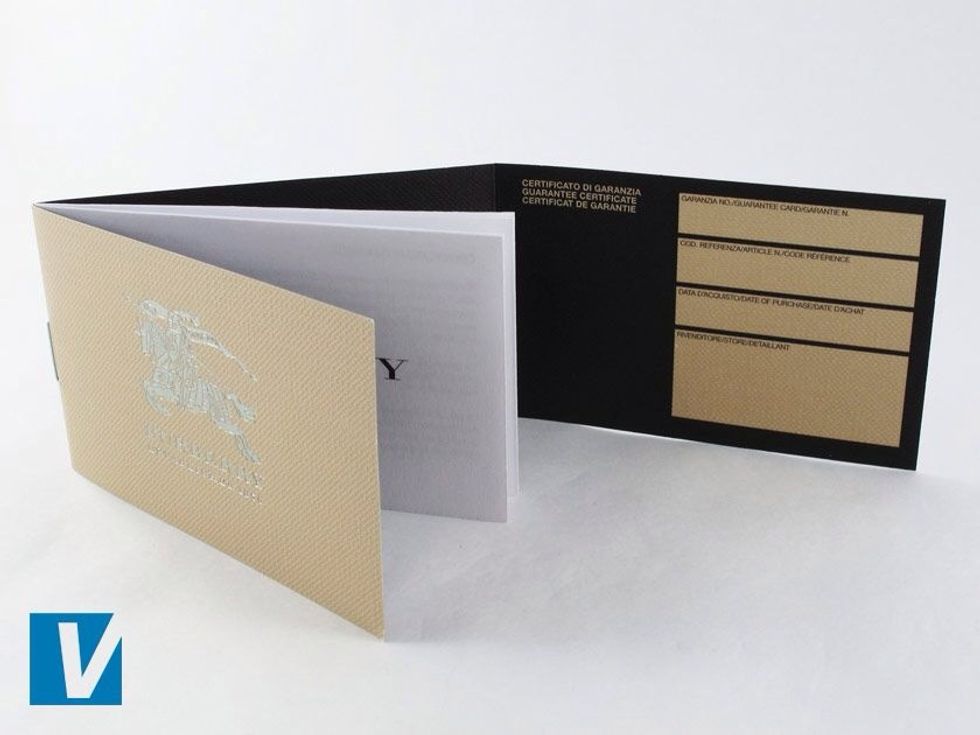 New Burberry sunglasses are accompanied by a Burberry guarantee certificate. The inside features space for details about the sunglasses and retailer and is secured by a single staple.