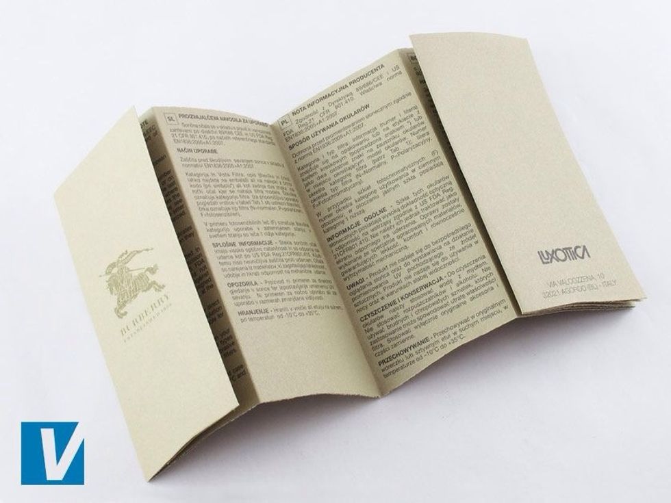 New Burberry sunglasses are accompanied by an information booklet. Check the font, spacing and positioning of the logo, and for any errors in spelling or alignment.