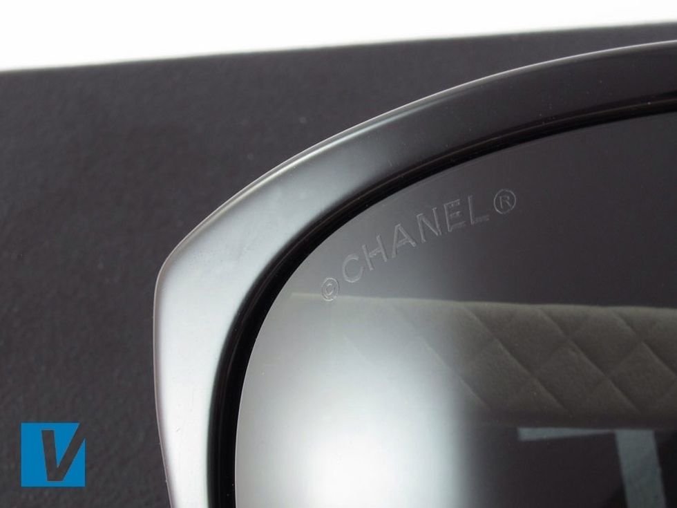 New Chanel sunglasses feature a small Chanel logo etched into the right lens. Check that the etching is clean and clear.