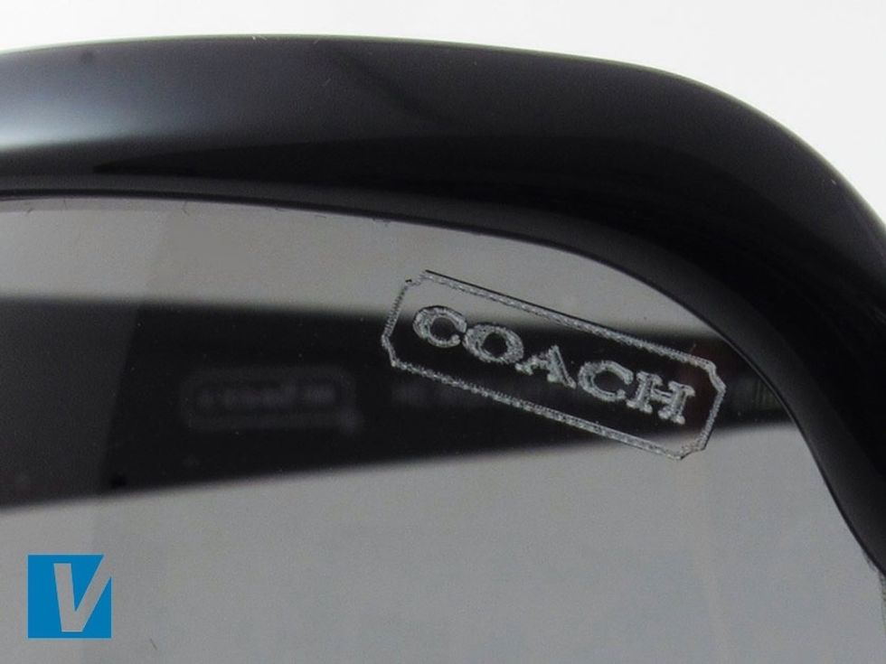New Coach sunglasses feature a small Coach logo etched into the lens. Check that the etching is clear.