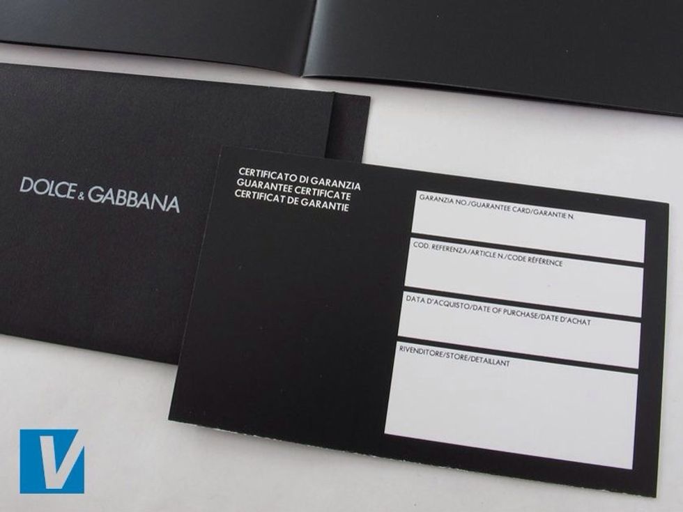 New D&G sunglasses are accompanied by a D&G guarantee card. The card features space for details about the sunglasses and retailer.