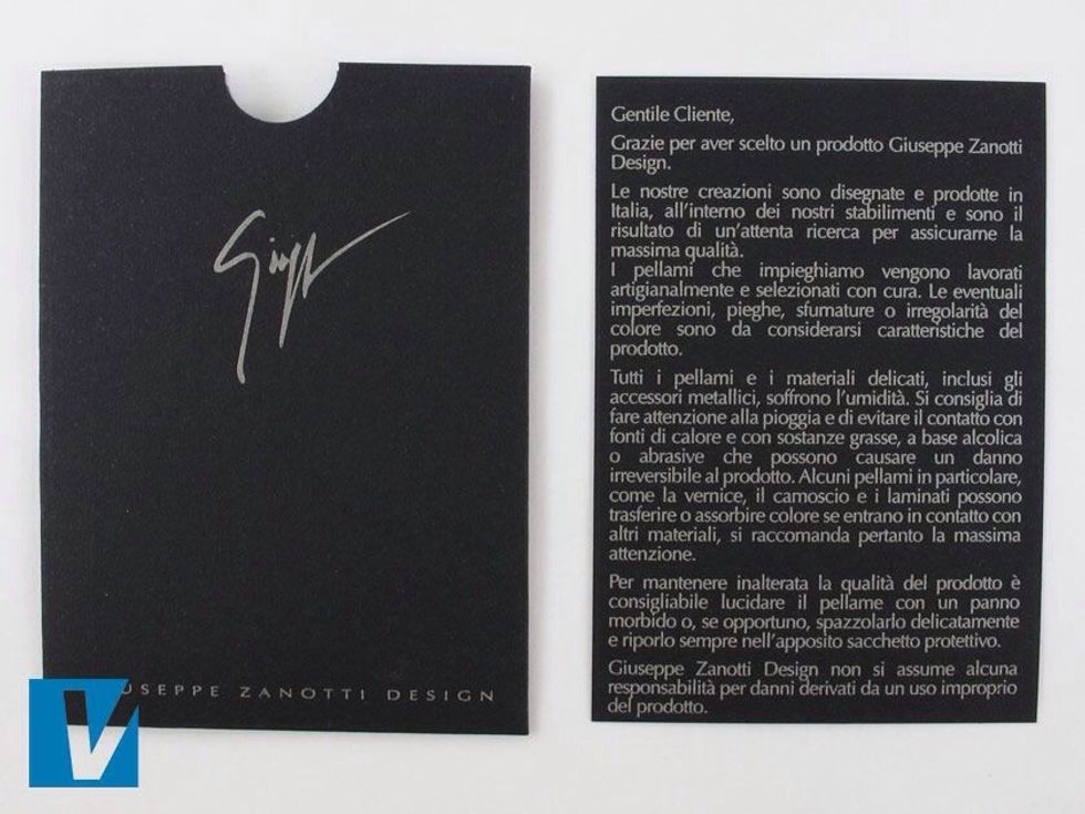 New Giuseppe Zanotti heels are accompanied by a care card. The logo will be embossed in silver on the front of the envelope and the inside will have shoe care instructions.