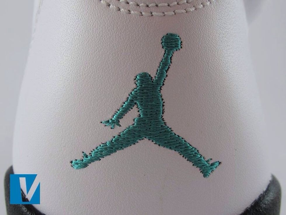 New Jordan 5's come with a Jumpman logo embroidered into the heel. Pay special attention to the fingers and shoe laces of the Jumpman figure.