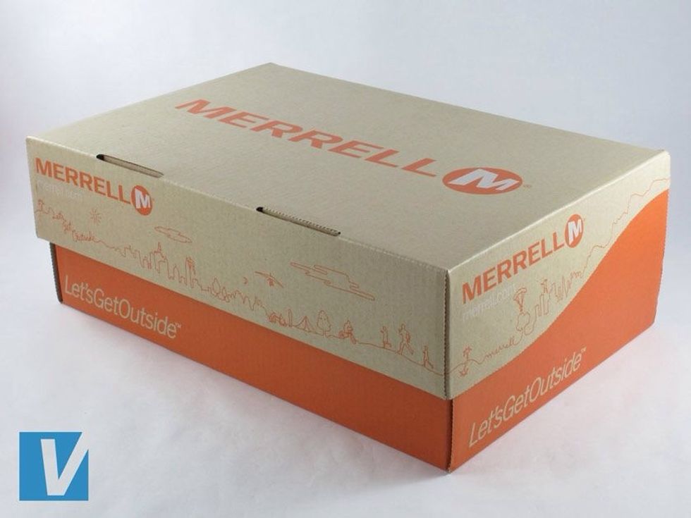 New Merrell shoes are boxed in a strong shoe box featuring the logo on the lid and side. The color and style of the box vary slightly according to style and year.