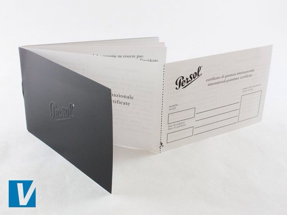 New Persol sunglasses are accompanied by a Persol guarantee certificate. The outside features a embossed Persol logo, whilst inside features space for details about the sunglasses and retailer.