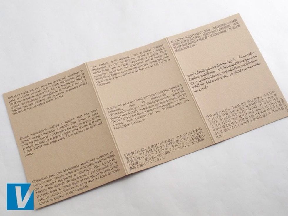 New Prada heels are accompanied by a care card. The Prada logo will be embossed in gold on the front and the inside will have shoe care instructions in multiple languages.