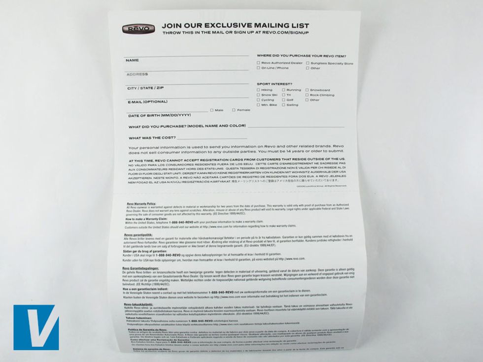 New Revo sunglasses sometimes come with a warranty card. The warranty card normally unfolds into a larger document. It looks like a mini booklet when folded.