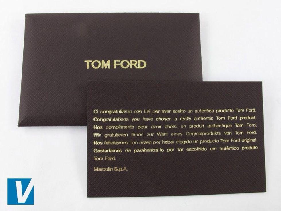 New Tom Ford sunglasses are accompanied by an authenticity card and envelope. Check the letter shapes are consistent with the official Tom Ford logo, and that all copy is evenly spaced and aligned.