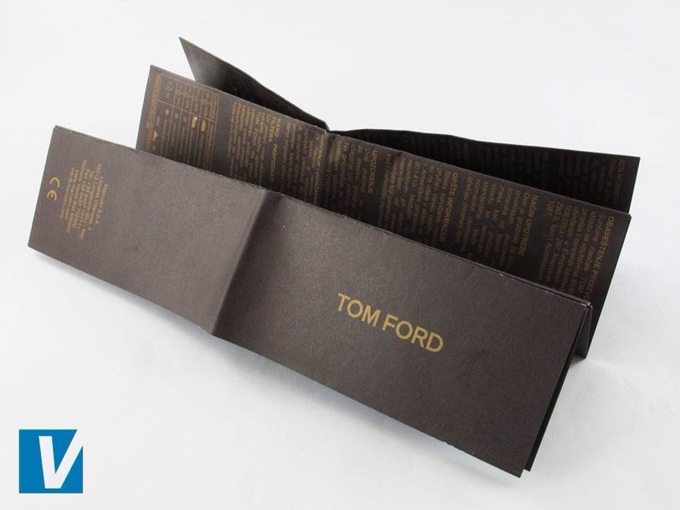 New Tom Ford sunglasses are accompanied by an information booklet.  Check the size, font, spacing, positioning and alignment of the logo and other copy.