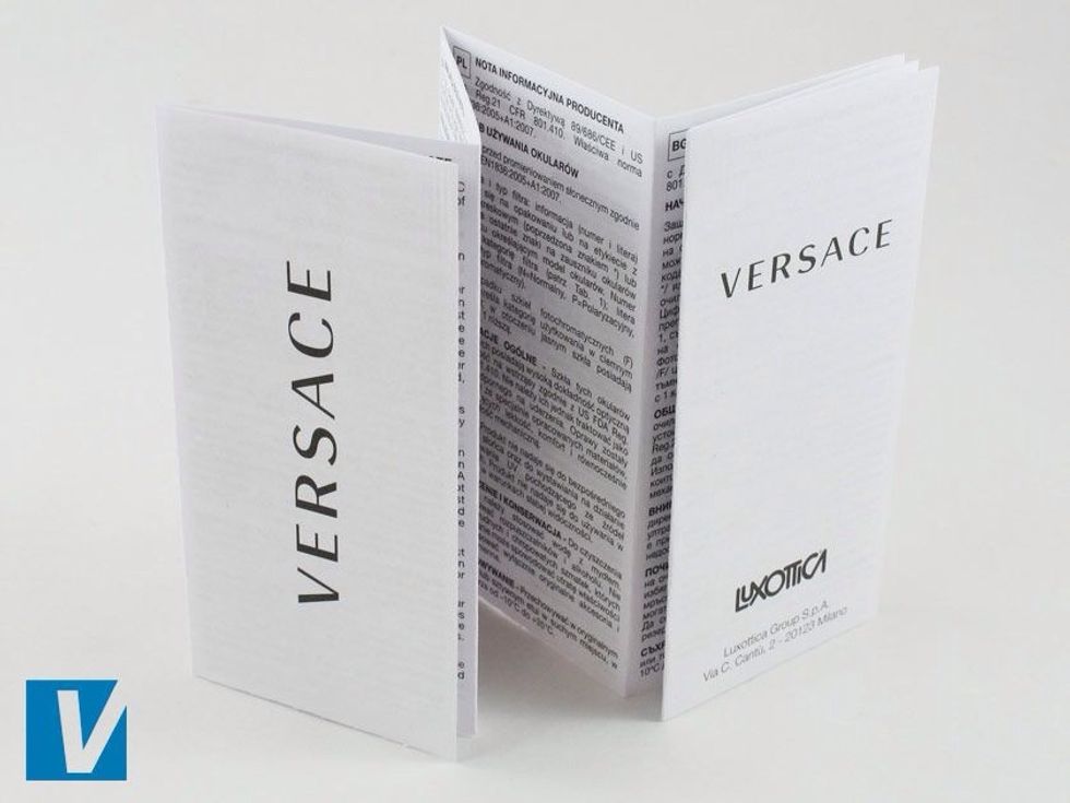 New Versace sunglasses are accompanied by an information booklet. Check the size, font, spacing, positioning and alignment of the logo and other copy.