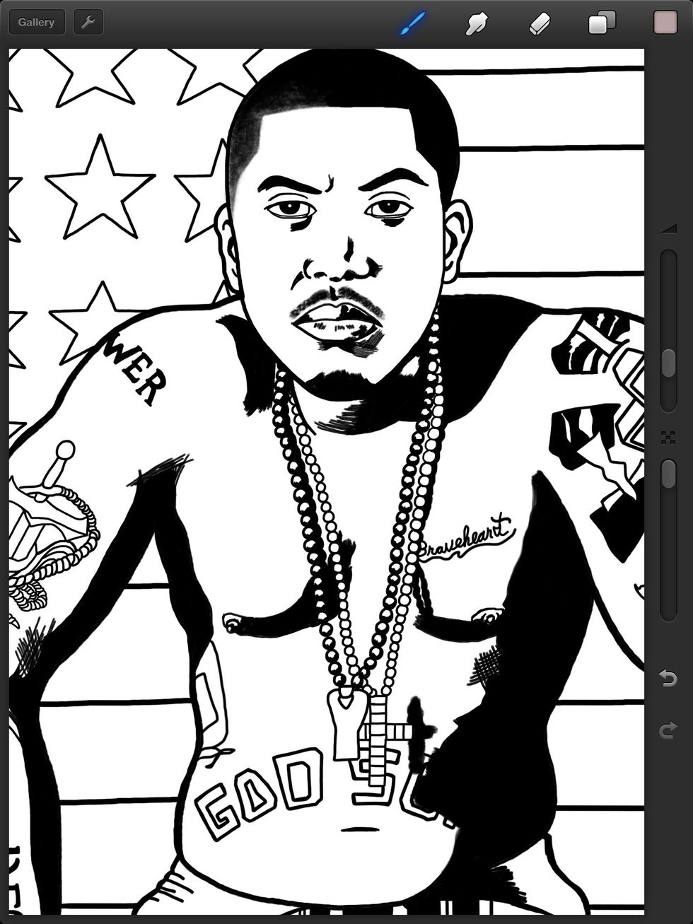 Next a new layer is created for the ink. I go over my rough sketch with black. I usually use the flat marker and flat brush options. The first two sketch layers are no longer needed.