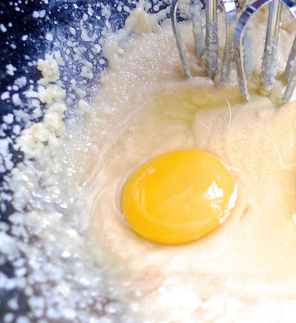 Next add 2 eggs, one at a time, scraping down the bowl as needed and cream until well combined.