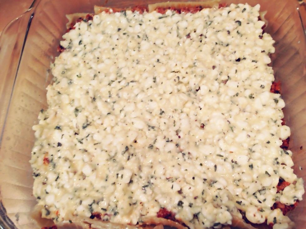 Next, add a layer of half the cottage cheese mixture.