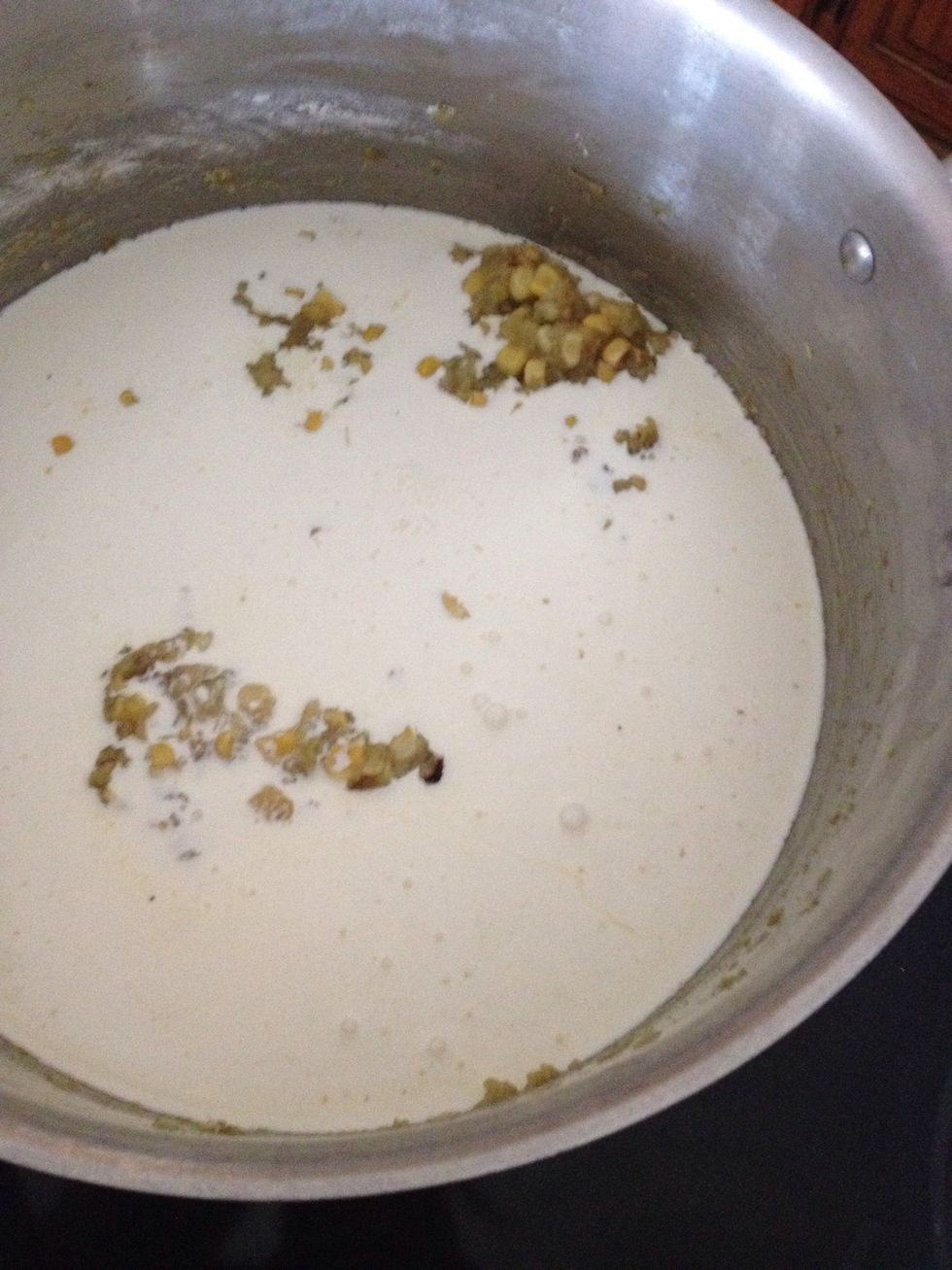 Next. Add a quart of half and half. Or whole milk. Or whipping cream. I use whatever i have handy. I had cream this morning. Let this cook until becomes very thick. Stir constantly