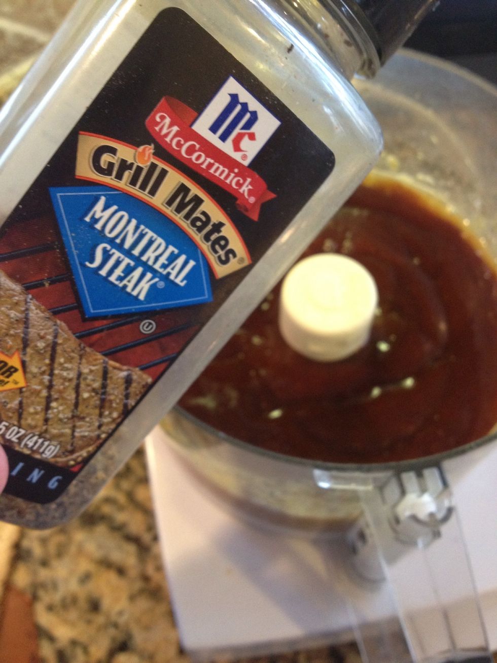 Next add about double the amount of bbq sauce. So about 2 cups. I also add the Montreal streak seasoning. 2 TB. Pulse to blend and taste. If you want it a little more peachy sweet, add more preserves