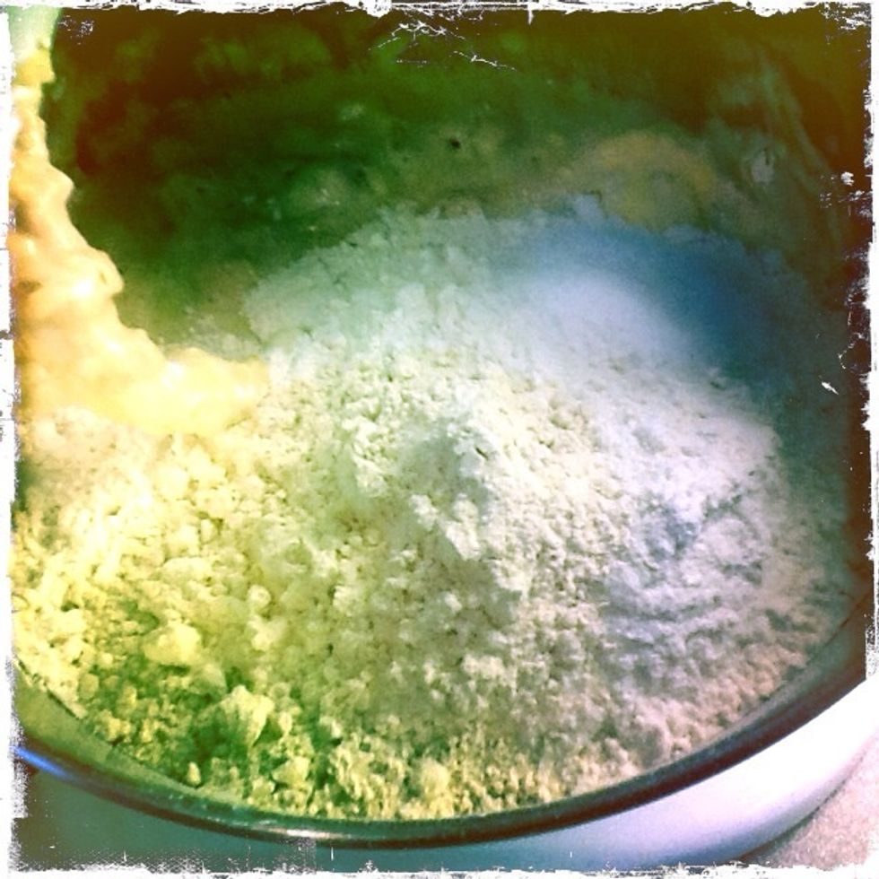 Next add another 325 grams of flour to the mixing bowl.