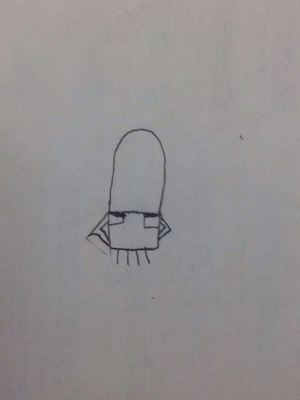 Next add arms then add four little lines under your overalls.Also add the details as shown.