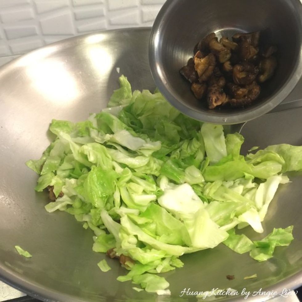 Next, add in the fried shiitake mushrooms.