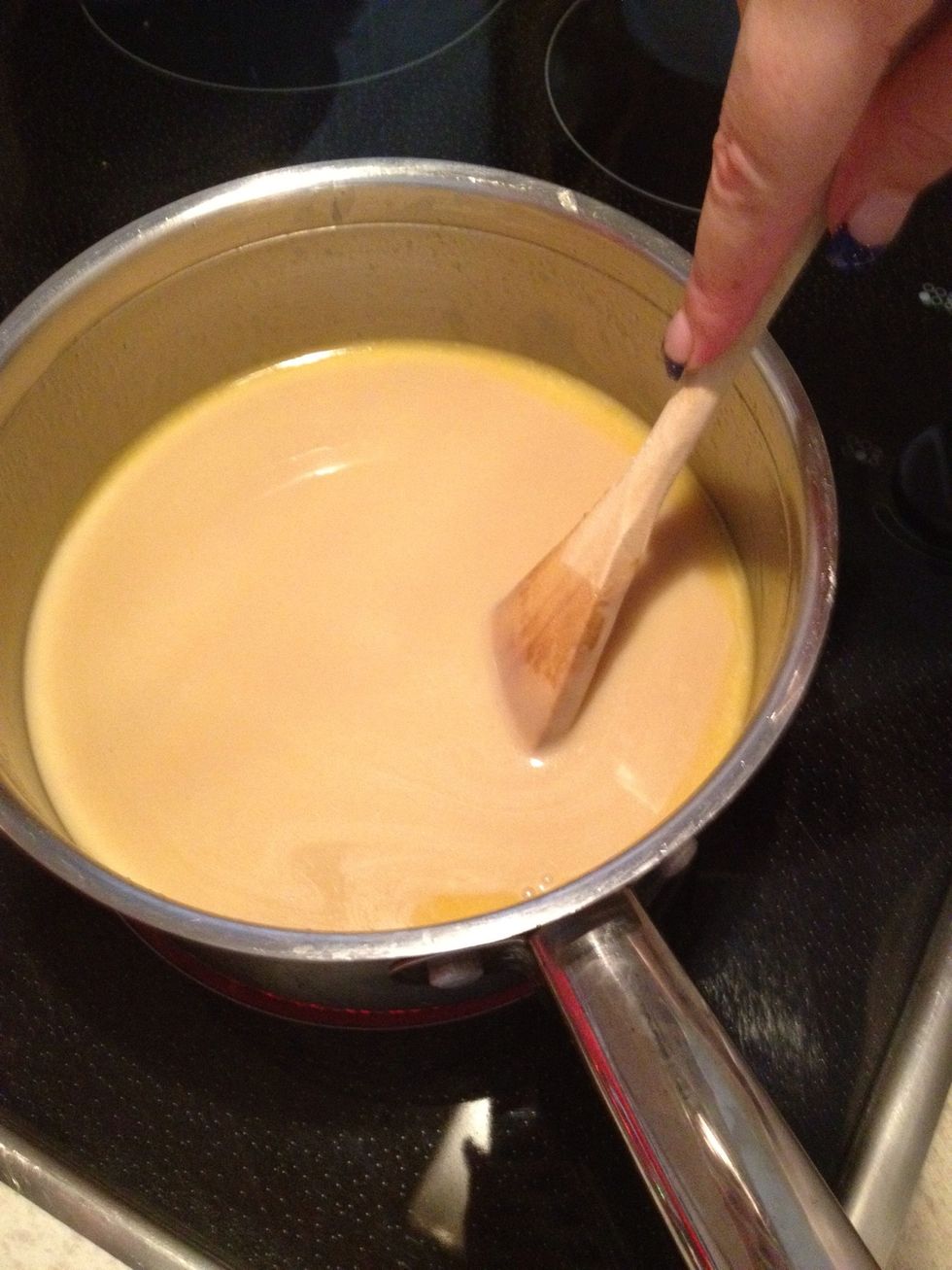 Next add in your condensed milk, move the pan back onto the heat and stir constantly for 10-12mins on low-med heat. DON'T WALK AWAY. If it boils take it off immediately, lower heat and put it back on.