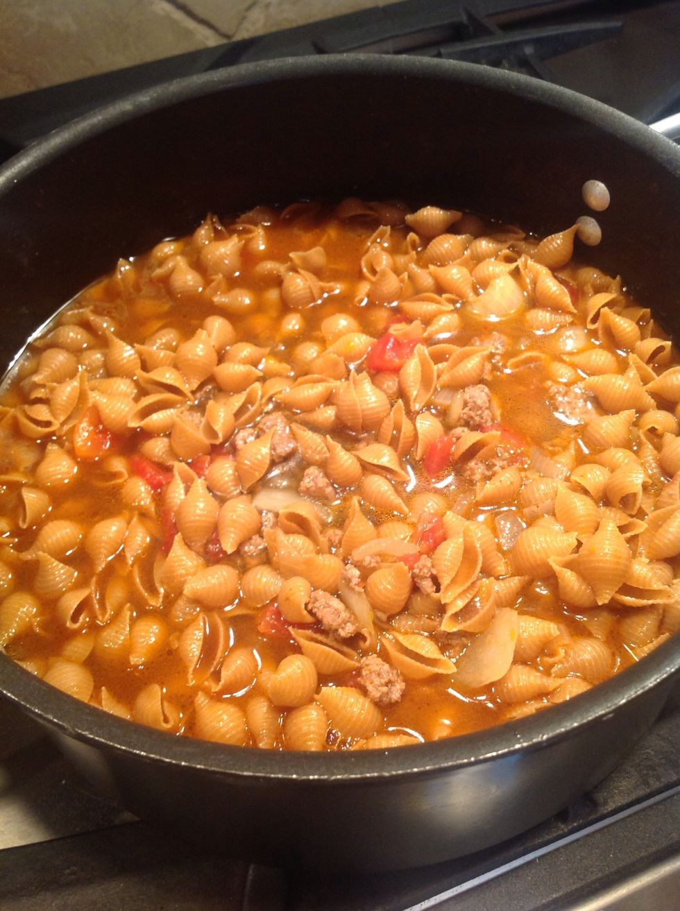 Next, add pasta and beef broth (enough to cover the pasta...I used 32oz).