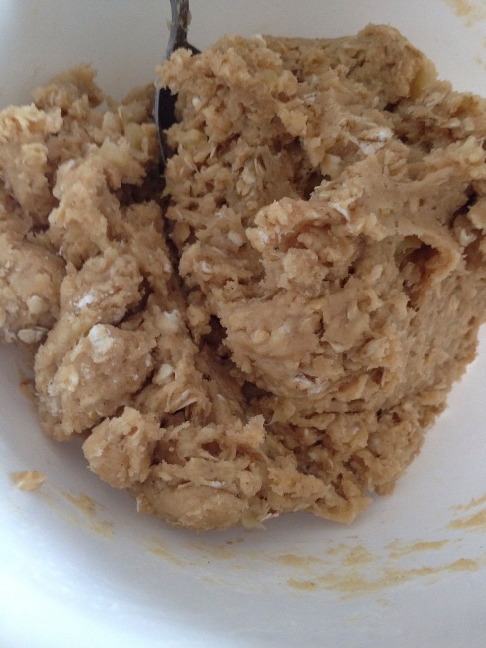 Next, add rolled oats & flour. Mix well.