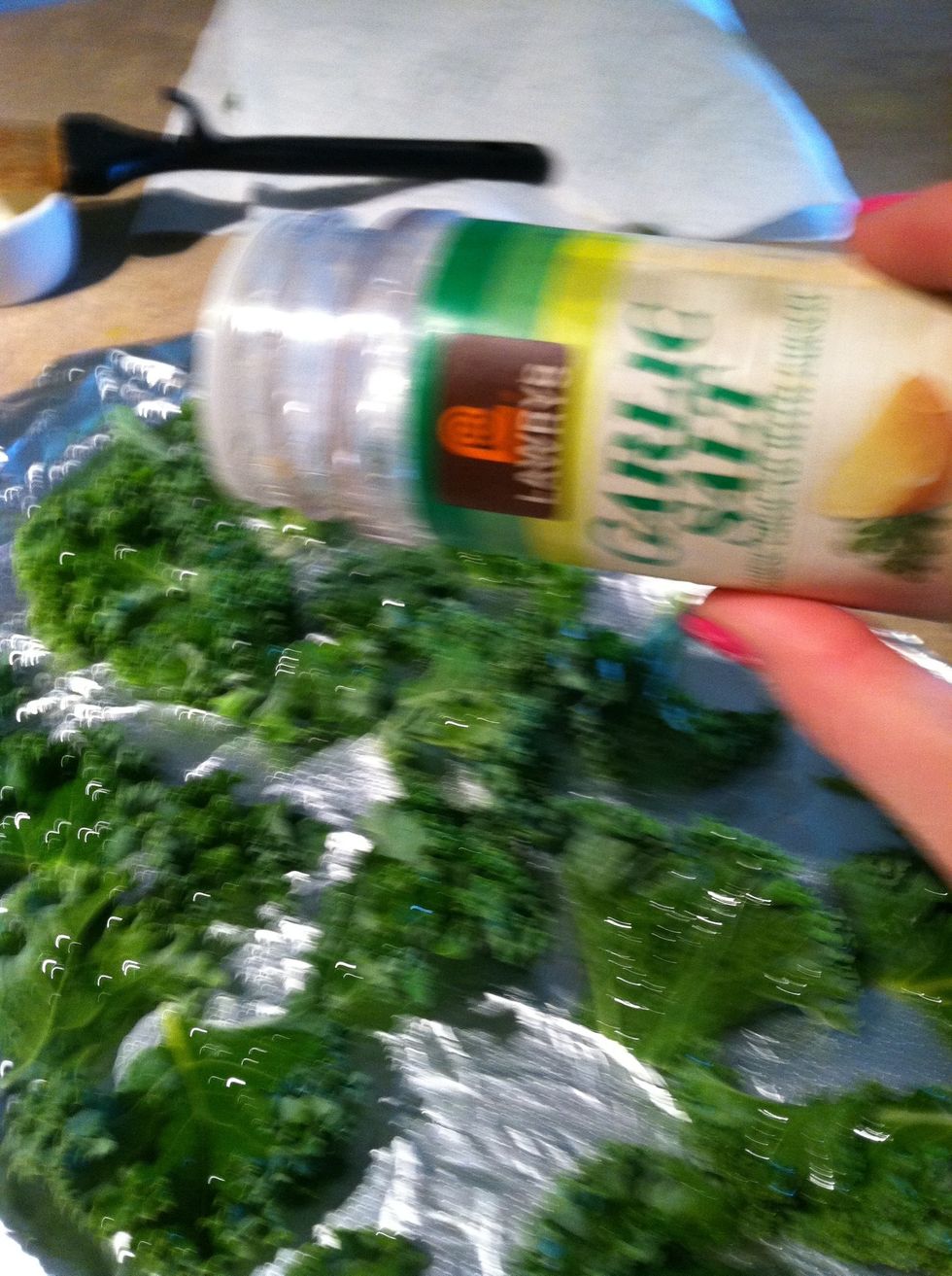 Next, add seasonings! This time, I'm just sprinkling with garlic salt, but there are many other spices you can use. Try a mix of sea salt, cumin seed, and red pepper if you're feeling adventurous.