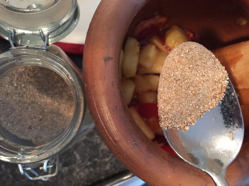 Next add some toasted rice. I like a little more so I added about half a spoonful. Also add padek and fish sauce. I added 2 spoonfuls of padek and a spoonful of fish sauce at this point.