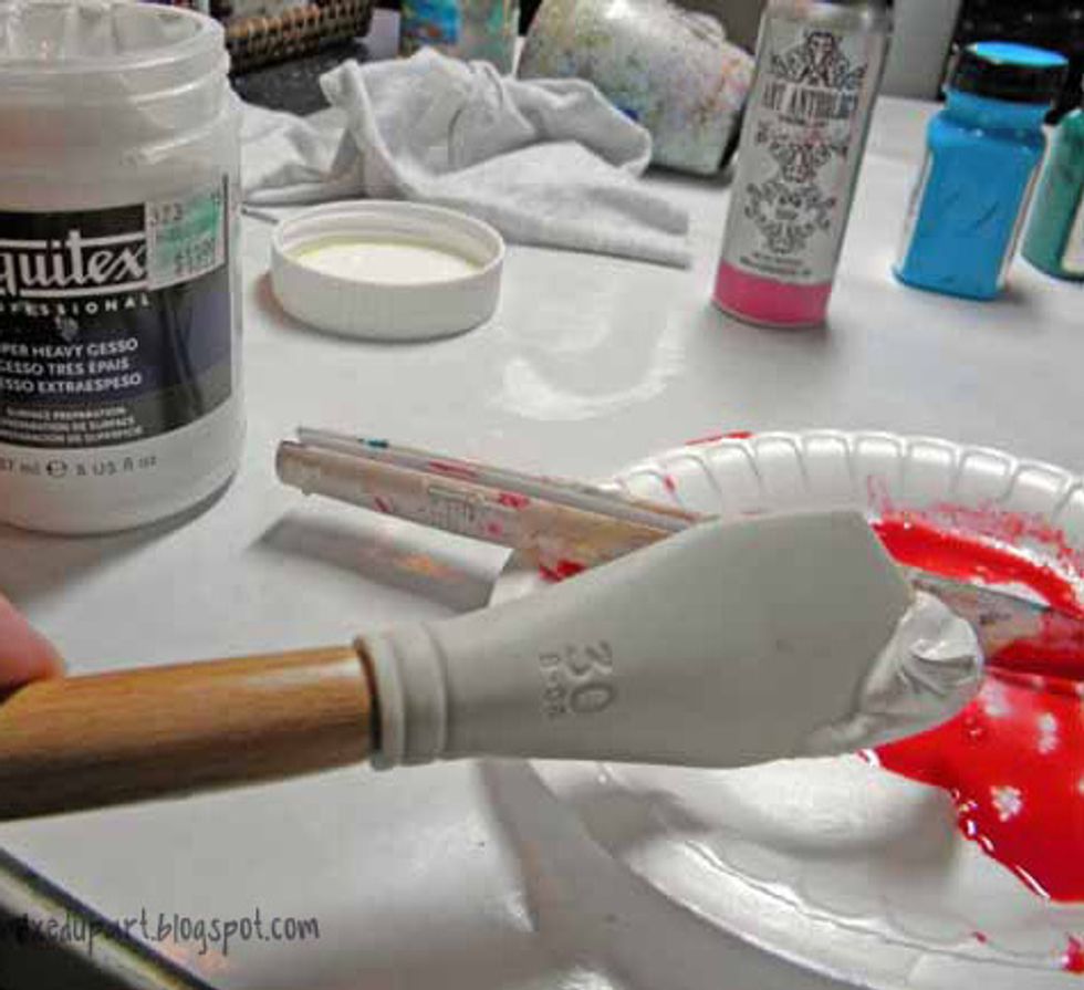 Next, add super heavy gesso to the pink paint mixture and blend.  The result is a pastel pink frosting-like concoction.  It looked so yummy, I wanted to taste it!