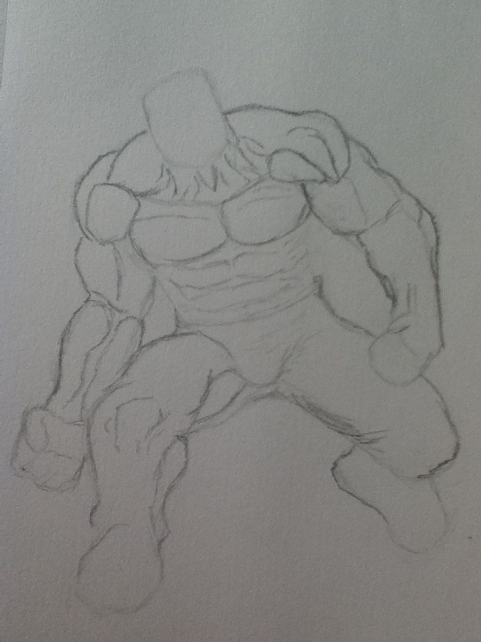 Next add the basic muscles of the body enlarged since its u know, the hulk. Don't worry about shading or perfect form of the muscles for now.