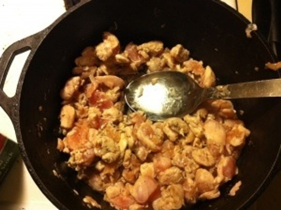 Next add the chicken and cook for about 10 minutes stirring constantly. I cooked the chicken until it was mostly cooked I didn't cook it all the way because I was afraid of over cooking the chicken.