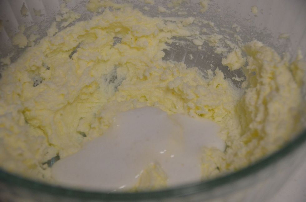 Next add the egg replacer, almond extract, milk, and vanilla extract.