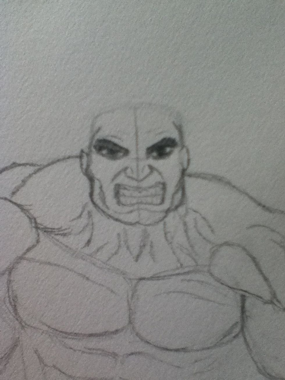 Next add the eyes, nose, and mouth. I made him my own by making his eyes larger to show his anger more, he normally has smaller eyes. Make sure to also angle his eyes down to show his anger as well.