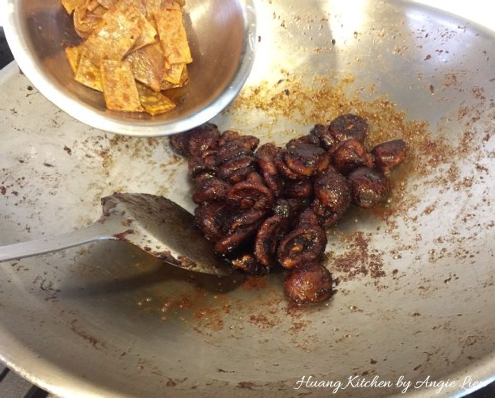 Next, add the fried sweet beancurd strips.