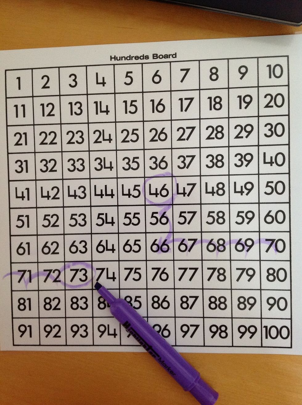 Next add the ones...which is 7. This time we will jump horizontally one box at a time. Count "21, 22, 23, 24, 25, 26, 27." Circle your answer, the sum...73.