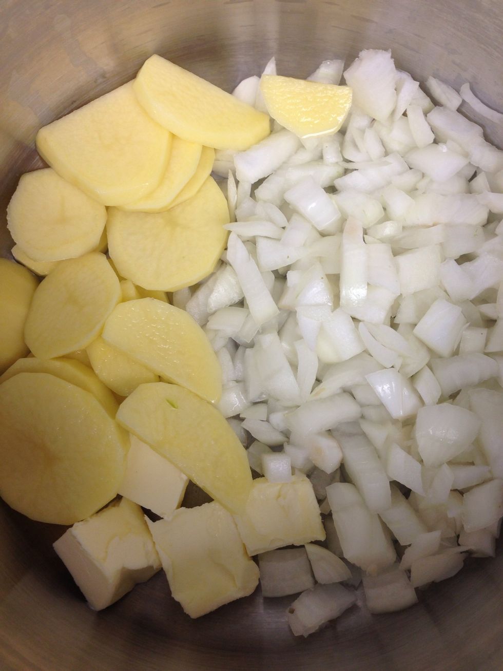 Next add the potato, onion, and butter to a large sauce pan.