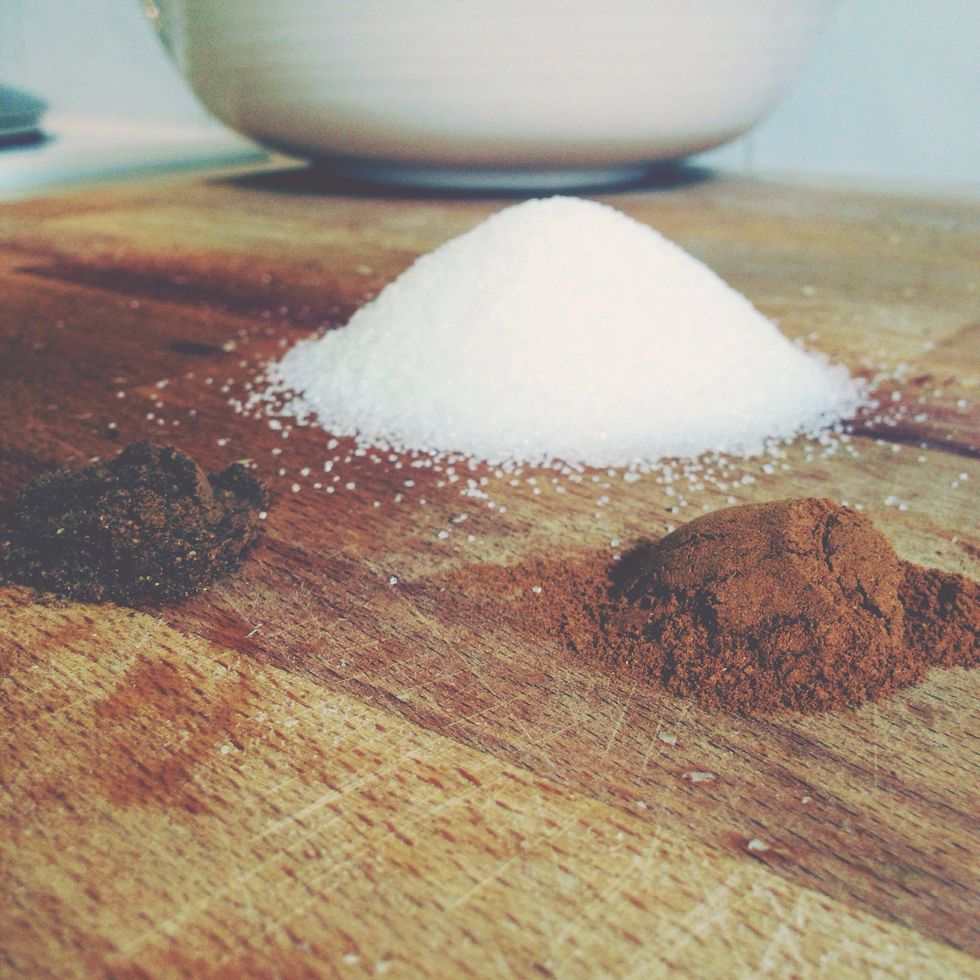 Next add the sugar, cinnamon and nutmeg to the chopped walnuts. (You can adjust the amount of these according to your preference)