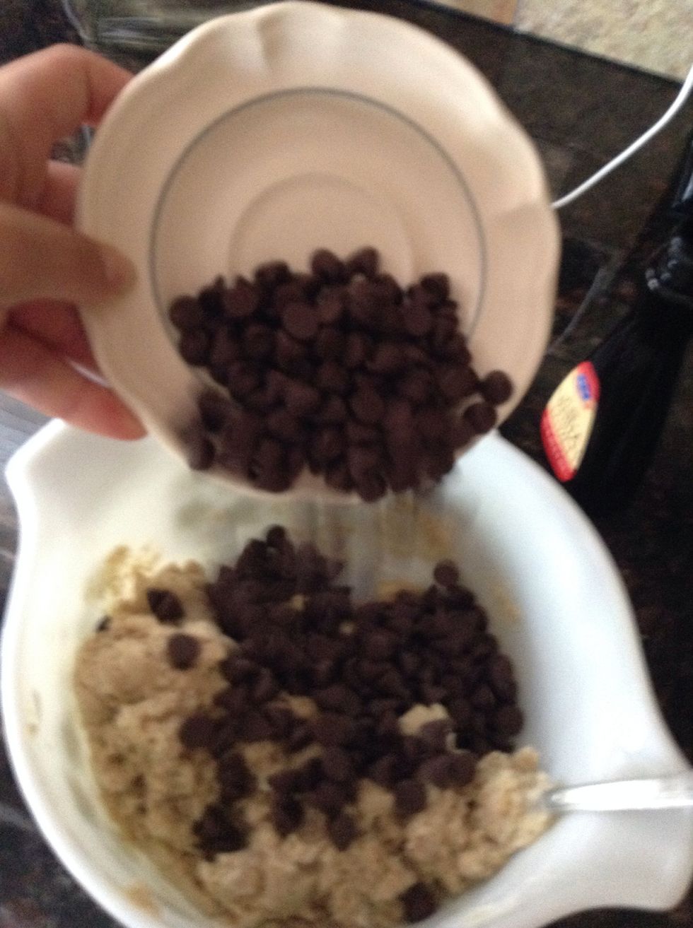 Next add your chocolate chips. You can substitute chips for m&ms or something like that if you wish