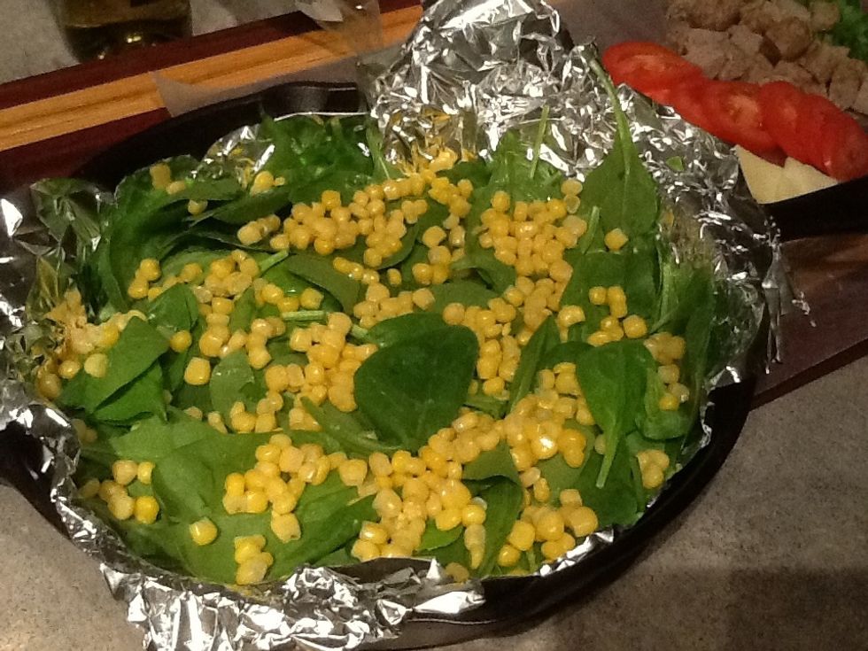 Next add your corn. Keep in mind that corn has no nutritional value, but I like the sweet crunchy texture it adds to the dish