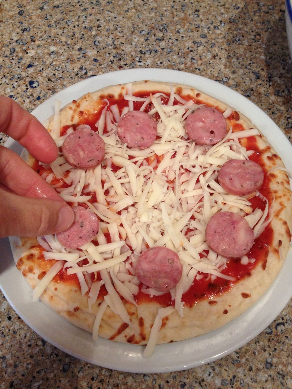 Next add your spicy sausage or whatever you like. I used Aidells brand Garlic and Gruyere cheese! It's yum \ud83d\ude0b