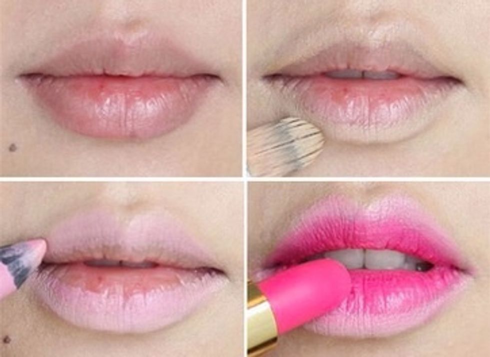 Next, apply the pastel-pink lipstick all over your lips. Then apply the neon-pink lipstick in the center.
