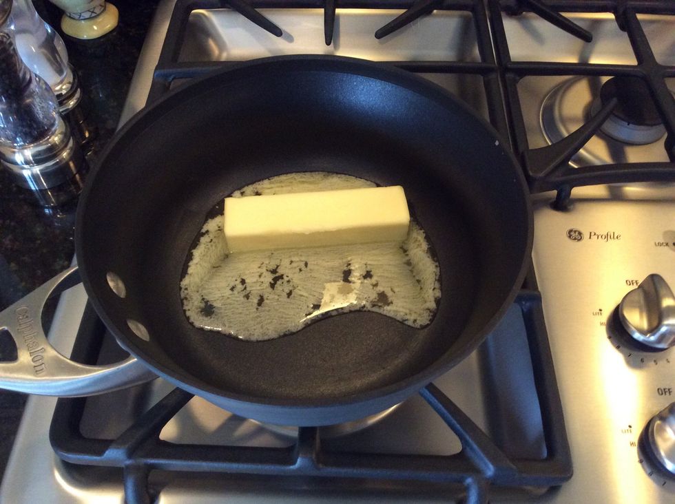 Next begin melting a stick of butter on low flame. Make sure your butter is completely melted before adding to bowl.