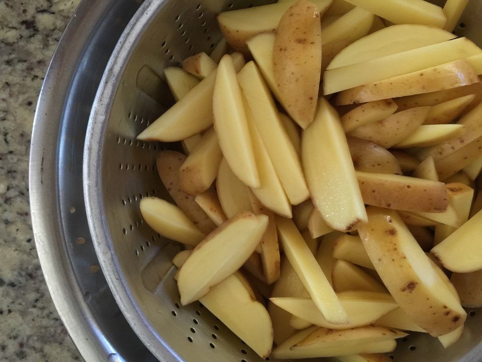 Next, boil a pot of water for the potatoes. Your gonna blanch the potatoes into the hot water for only about 4-5 minutes.
