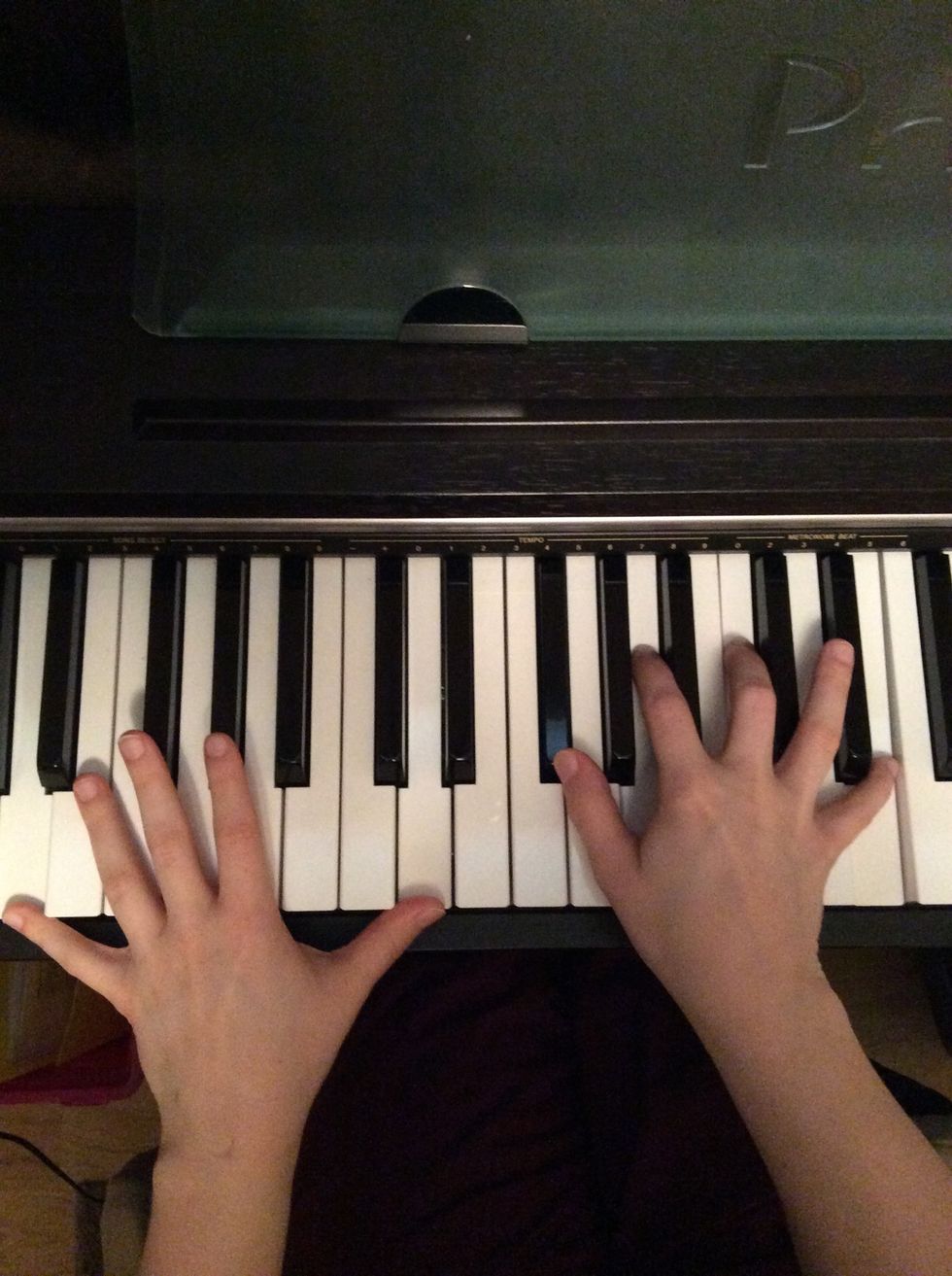 Next chord is a D Maj.9, which is a "major two"( all these "numbers" are referencing what they are in this C scale.) Left hand (oct. D) Right hand ( F#,A,C,E).