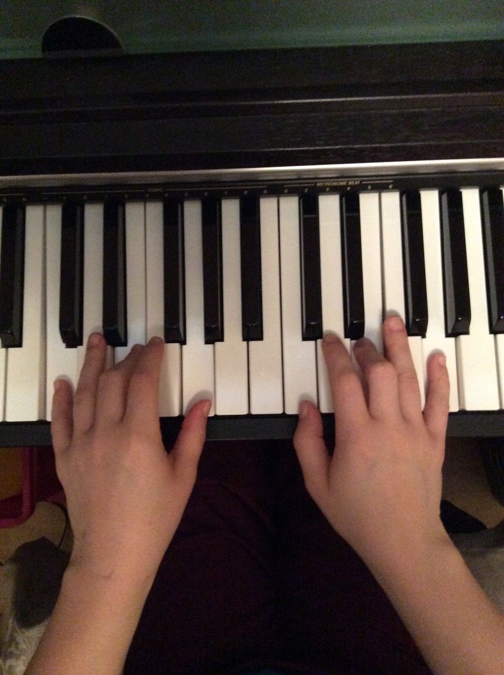 Next chord is C major, which is the "one". Left hand (C,E,G) same thing right hand (C,E,G).