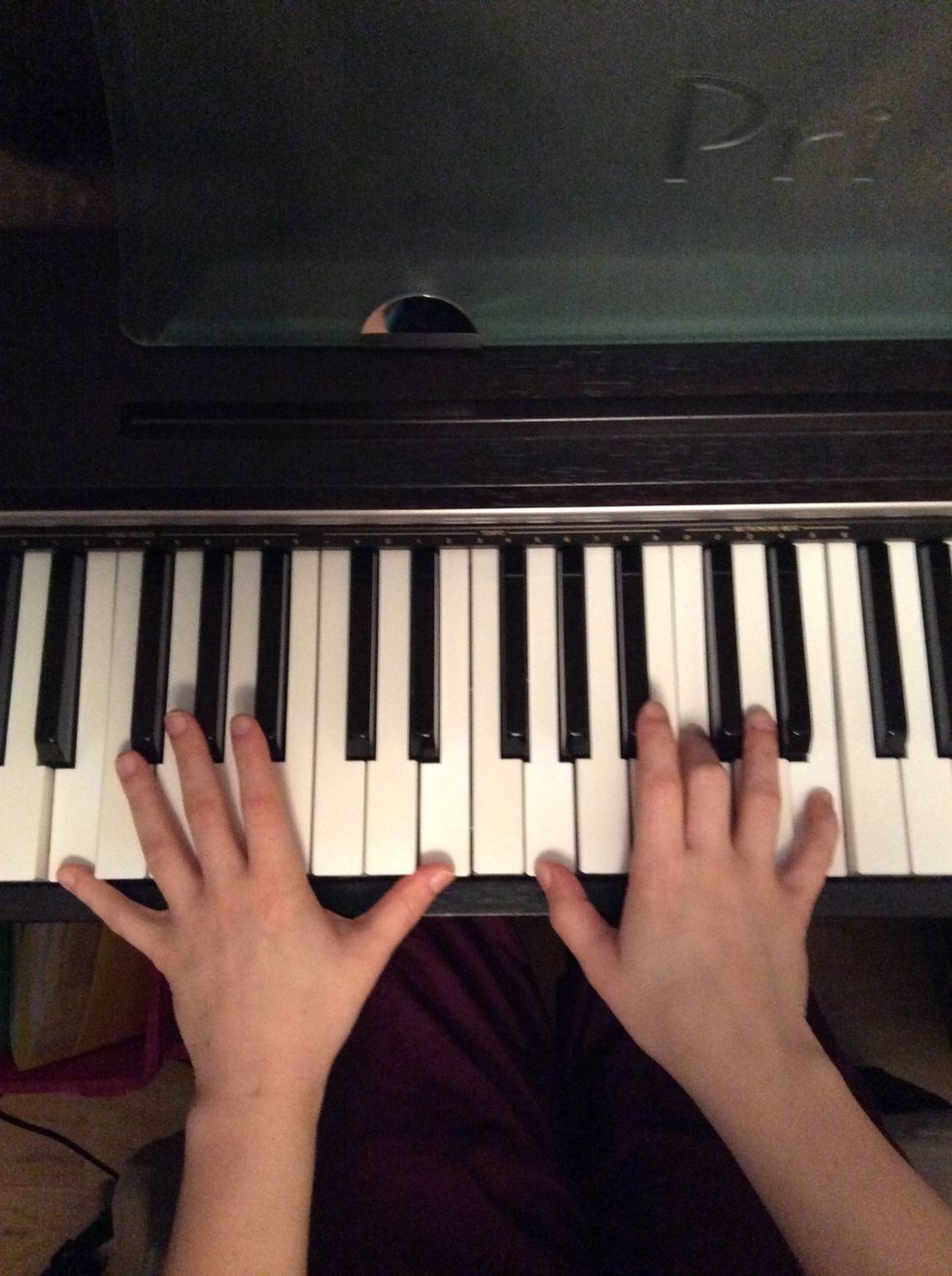 Next chord your still on the "one" just moved to different position up. Left hand (octave of E) Right hand ( C chord: G,C,E).