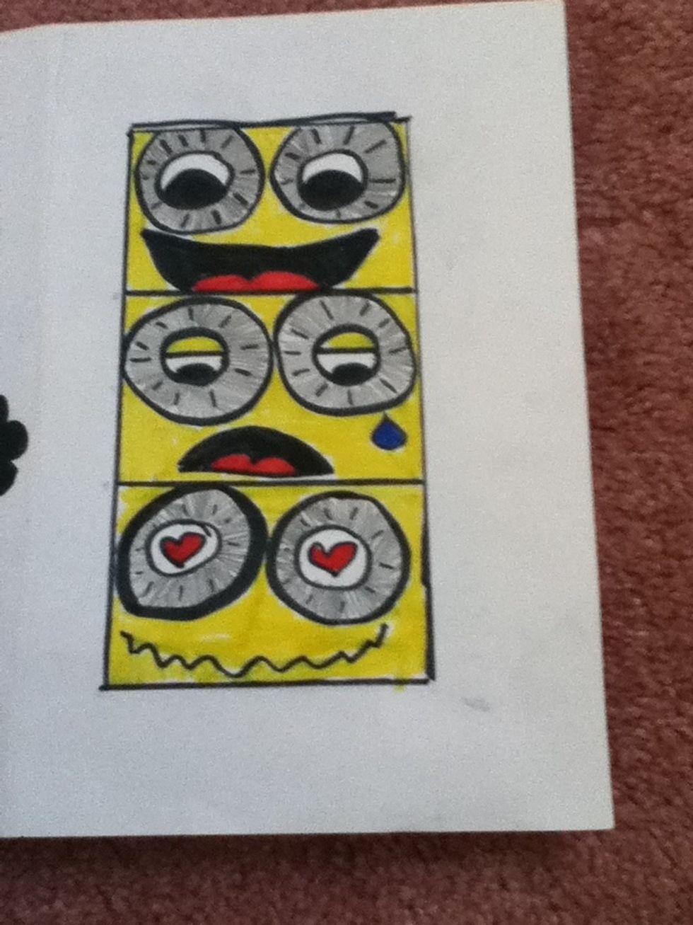 Next, color in your faces. Make sure that the colors correspond to your puppet. For example, don't give the emotion blue skin to your emotion and yellow skin to your puppet!