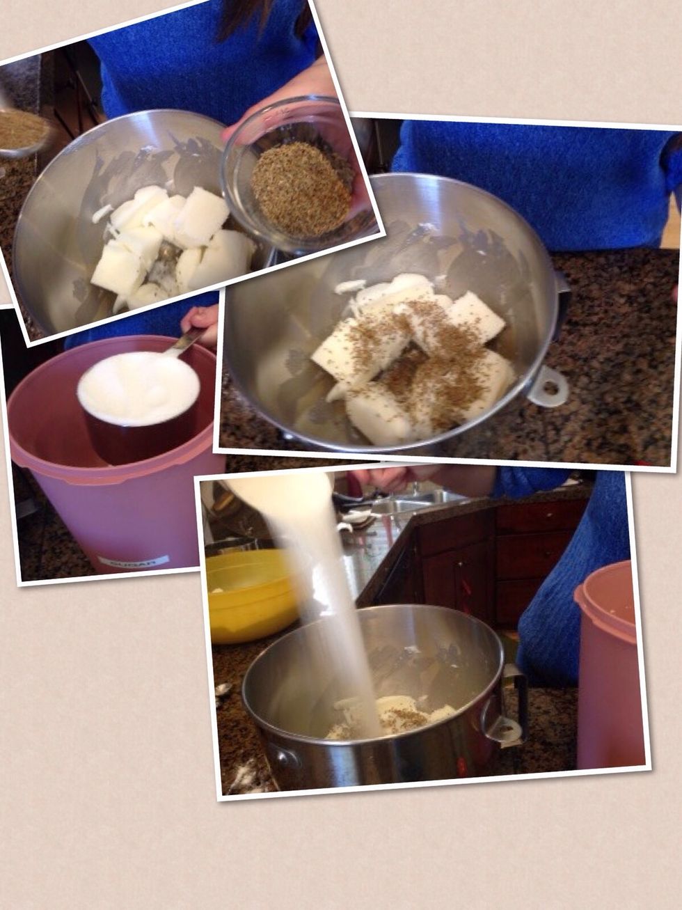 Next, combine the lard, sugar, and anise into a mixing bowl.
